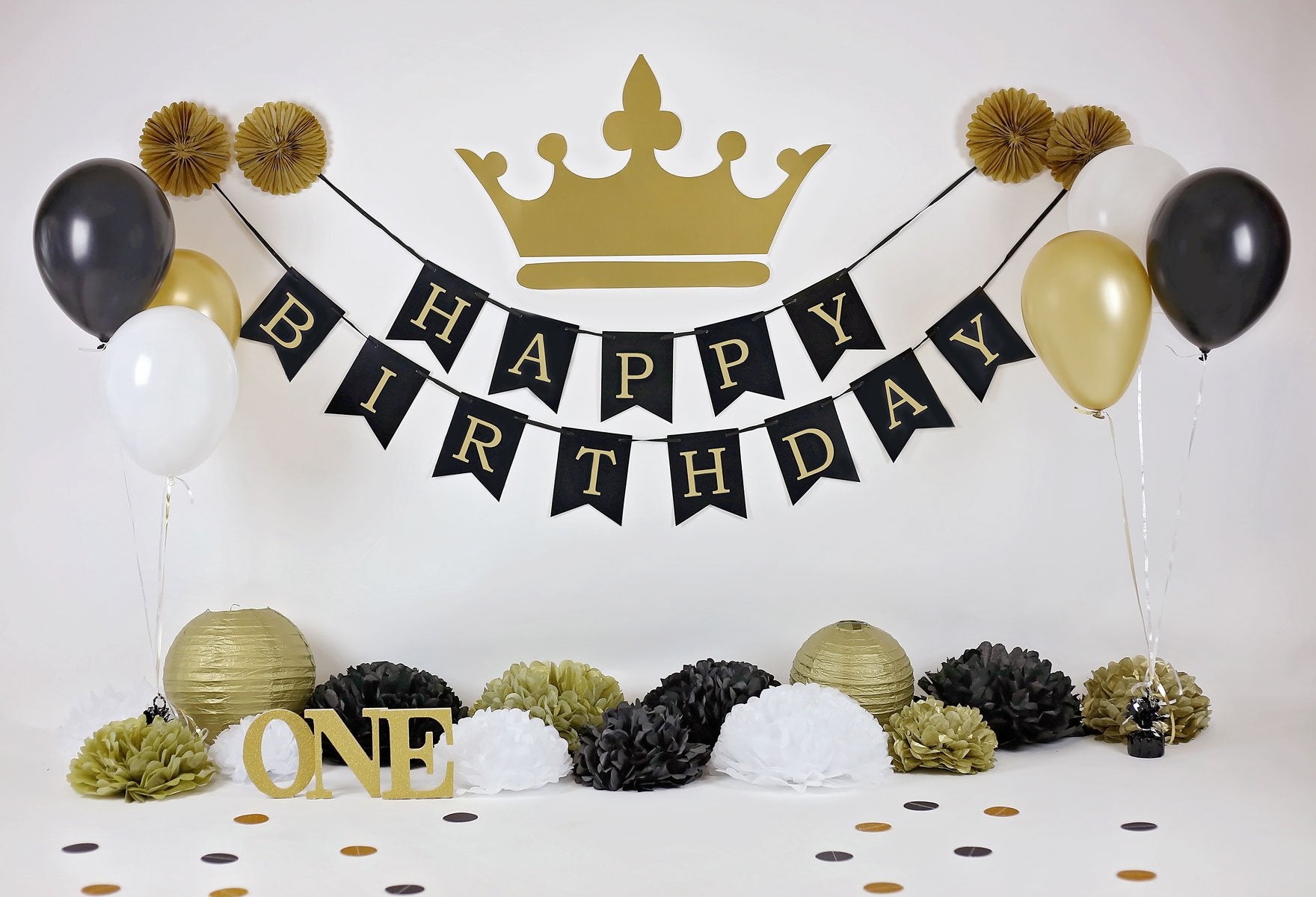 Kate Gold and Black Balloons Royal Birthday Children Backdrop for Photography Designed by Sherie Skelly