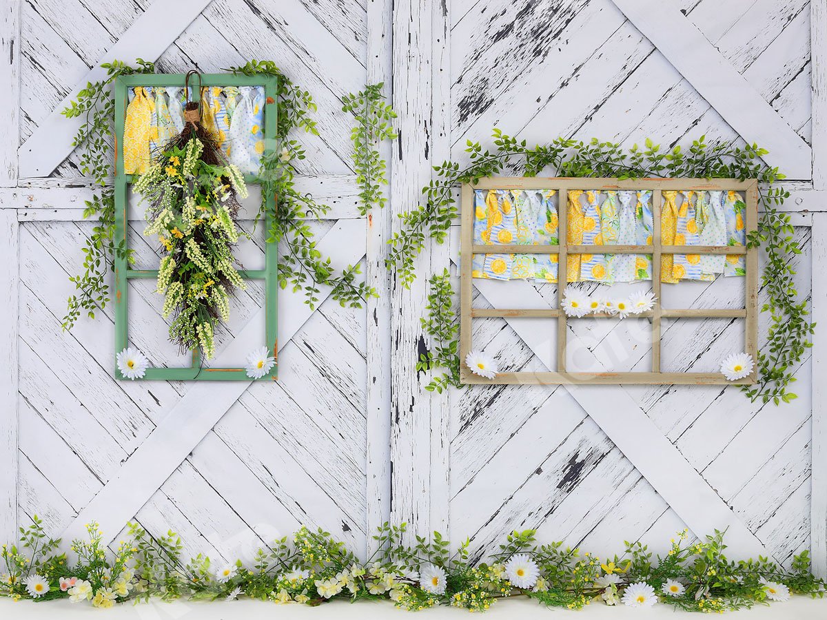 Kate Retro Wood Lemon color and Daisies  Spring Backdrop