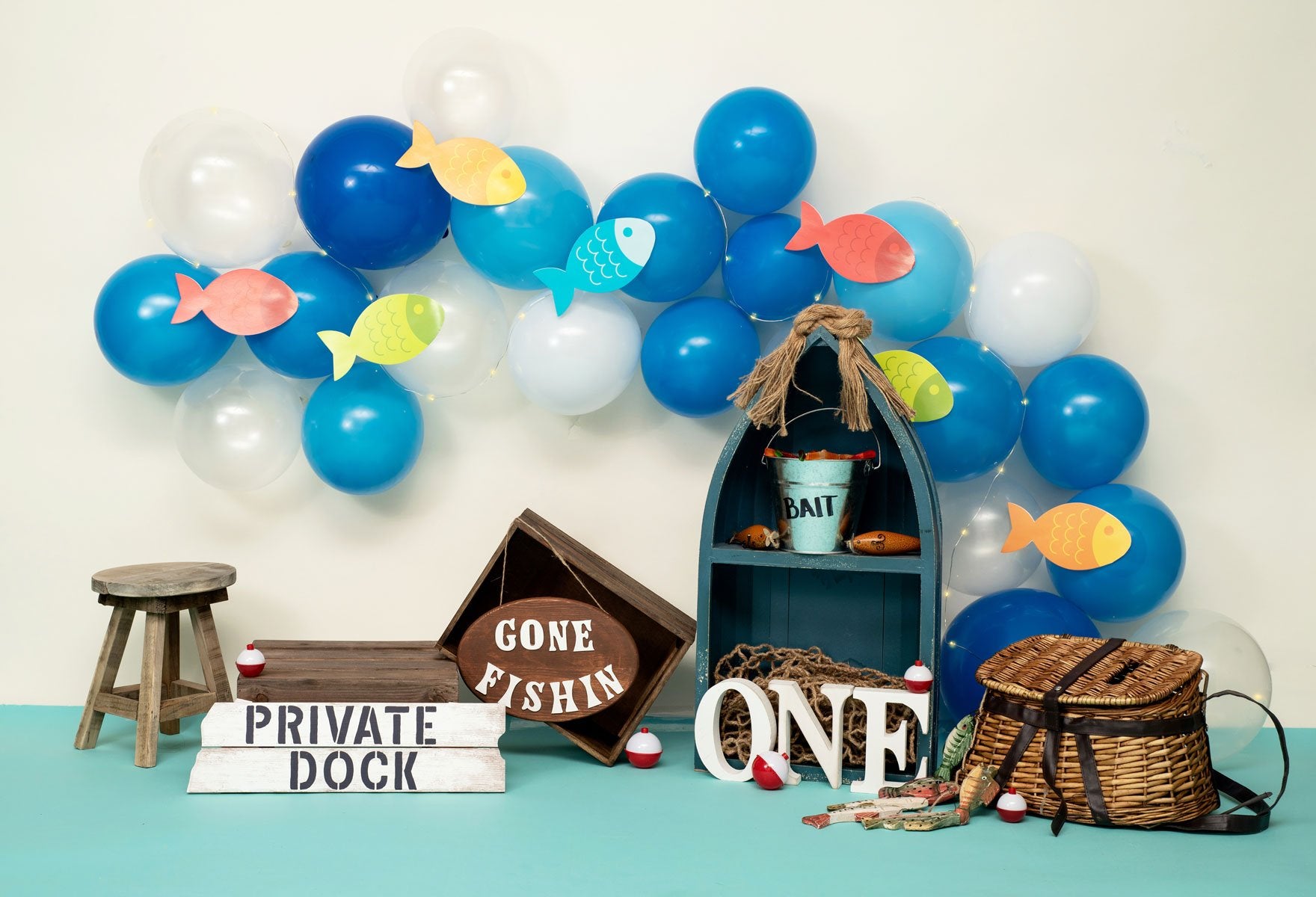 Kate Fish and Balloons 1st Birthday Summer Backdrop Designed by Amberly Ware