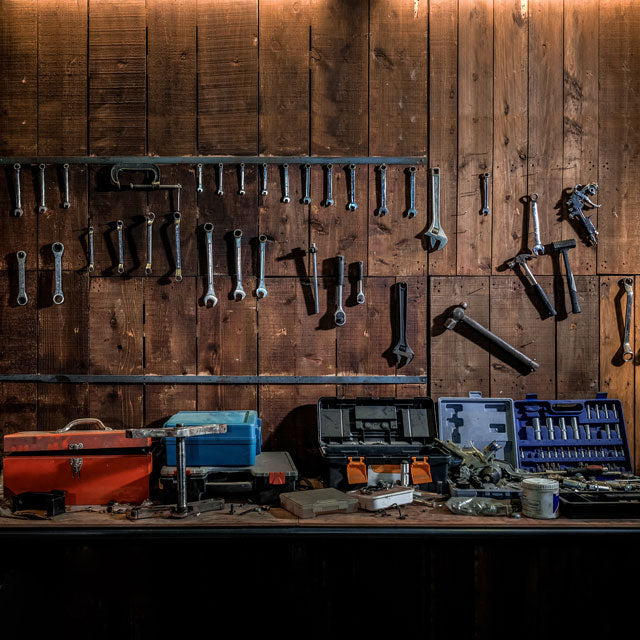 Kate Tool shelf against a table vintage garage backdrop for boy/Father's Day
