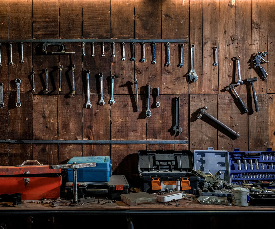 Kate Tool shelf against a table vintage garage backdrop for boy/Father's Day