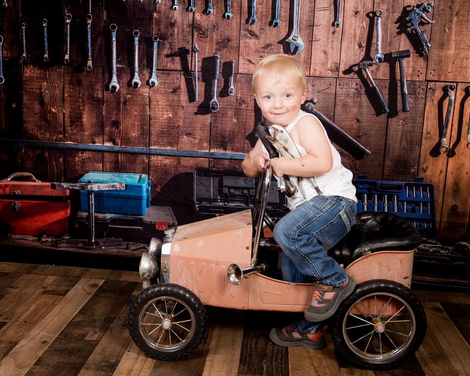 Kate Tool shelf against a table vintage garage backdrop for boy/Father's Day
