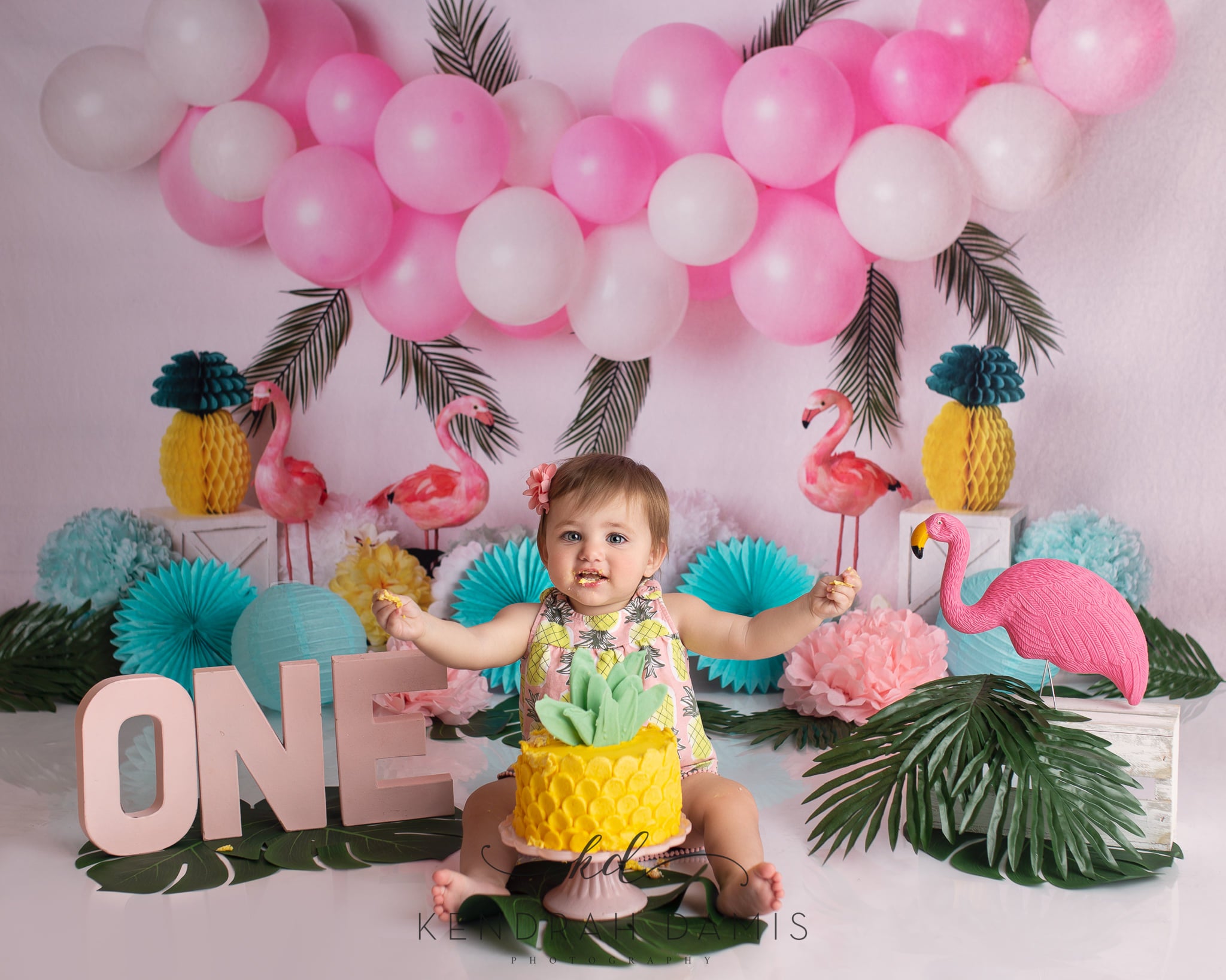 Kate Summer Balloons Flowers Flamingo Backdrop Designed by Mandy Ringe Photography