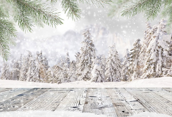 Christmas White Snow Trees with Wooden Floor