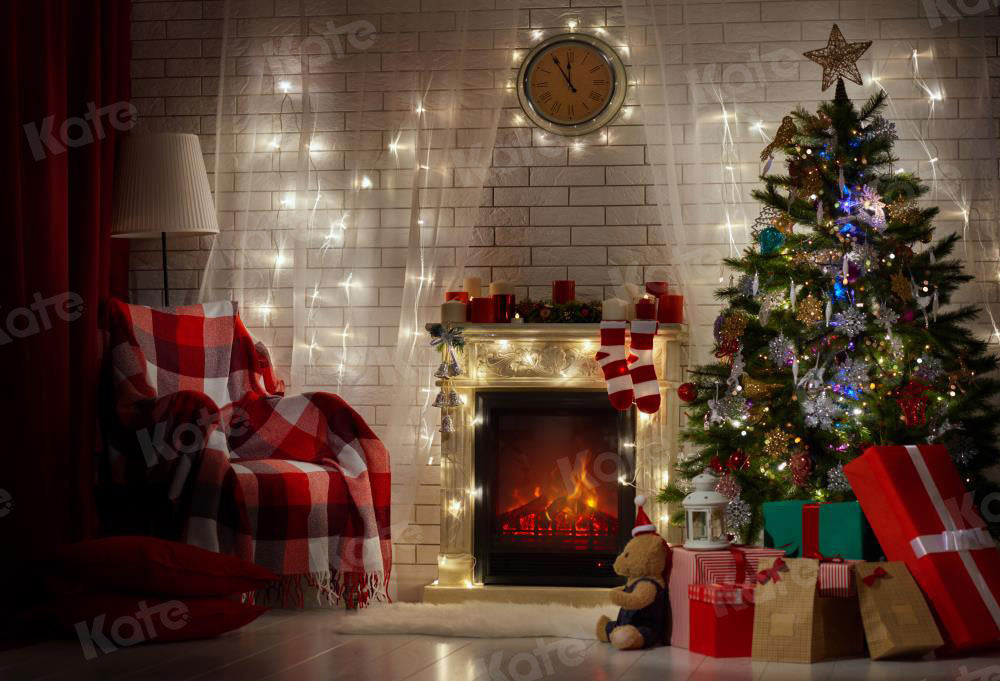 Kate Christmas Gifts Decoration Room with Fireplace Backdrop for Photography