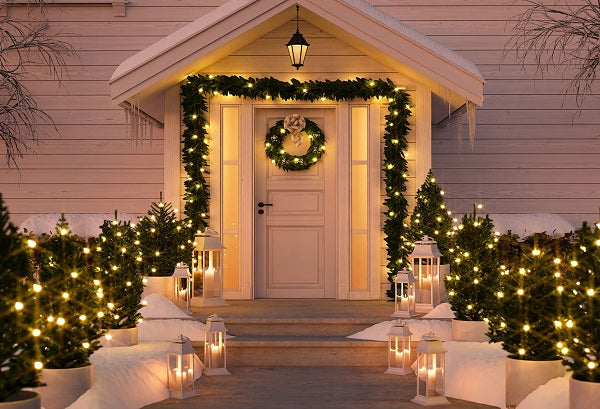 Christmas White Door White House with Trees Decoration Night Backdrop
