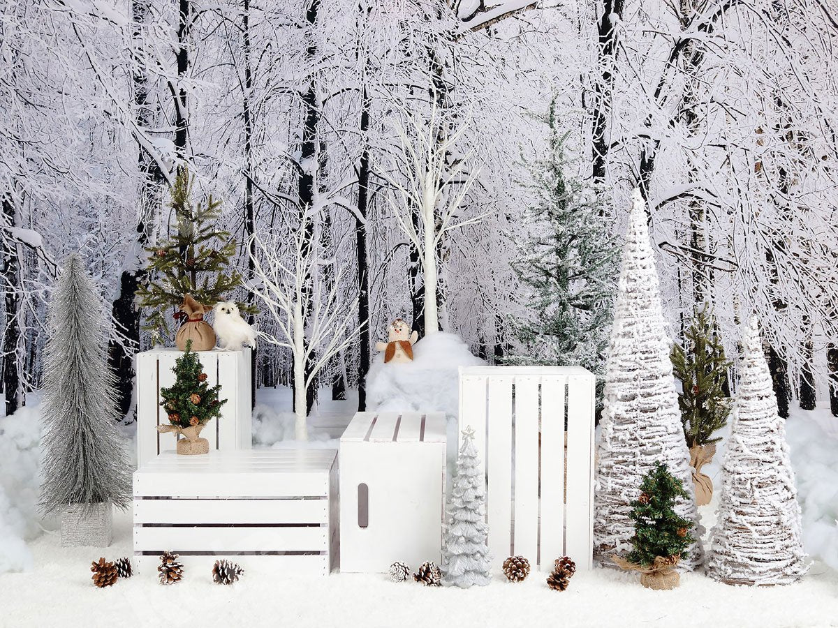 Kate Christmas Snowy Pine Trees with Decorations Backdrop