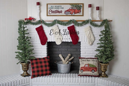 Plaid & Trucks Christmas Fireplace Backdrop