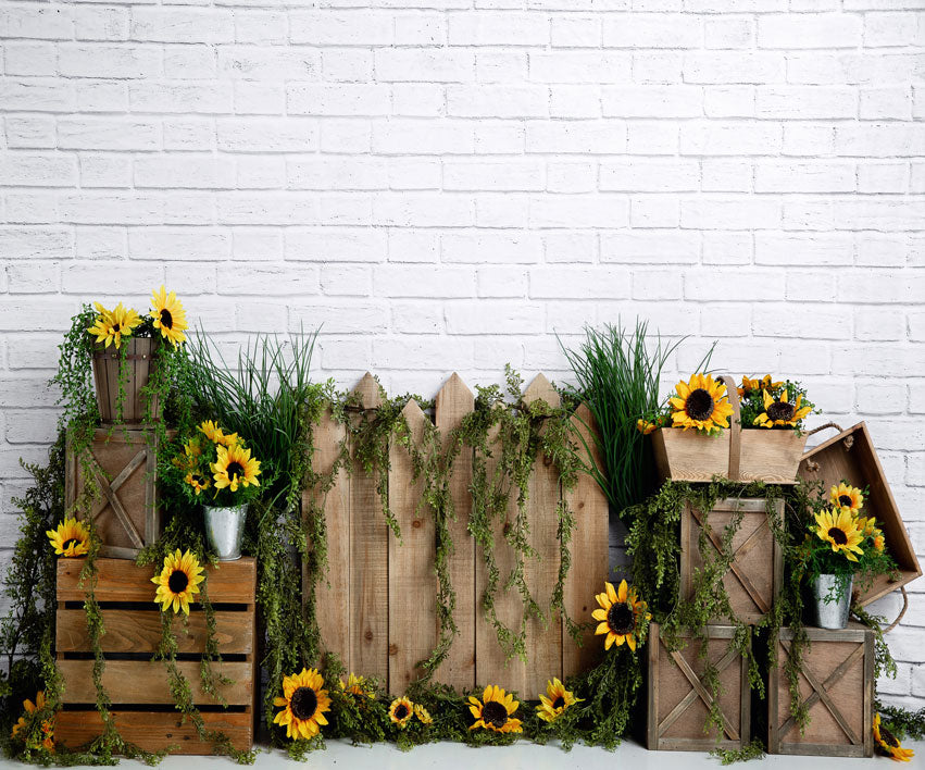 Kate Spring Sunflower White Brick Backdrop Designed by Megan Leigh Photography