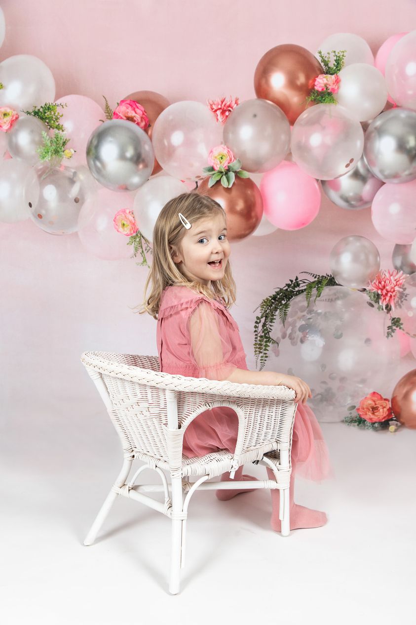 Kate Pink White Rose Gold Balloon Arch Backdrop Designed by Mandy Ringe Photography -UK