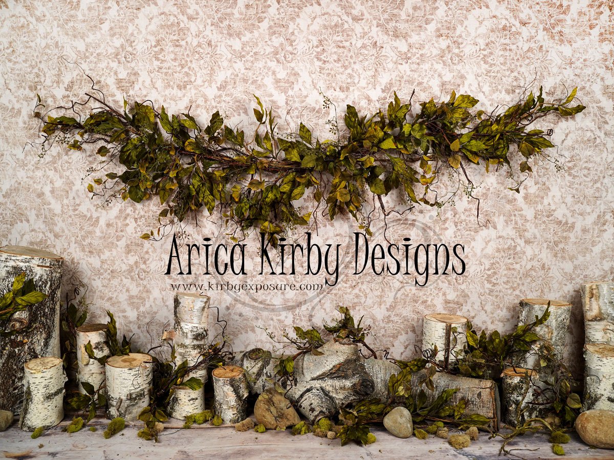 Kate Birch Greenery with Brocade Backdrop Designed by Arica Kirby
