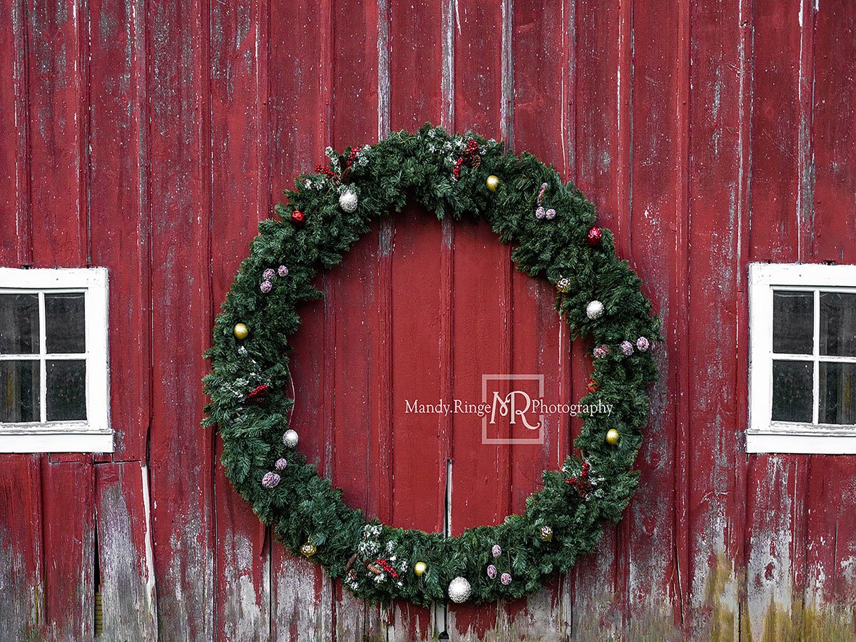 Kate Christmas Wreaths Wood Wall Red Backdrop Designed by Mandy Ringe Photography