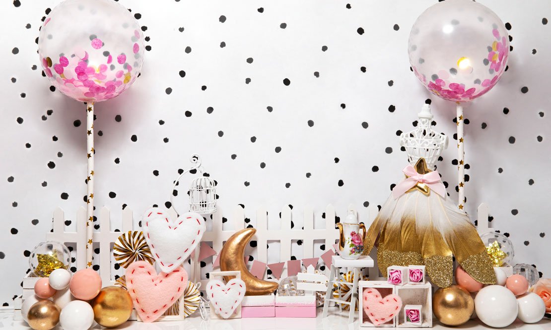 Kate Cake Smash Pink Peach Gold Dress Backdrop Designed by Mini MakeBelieve