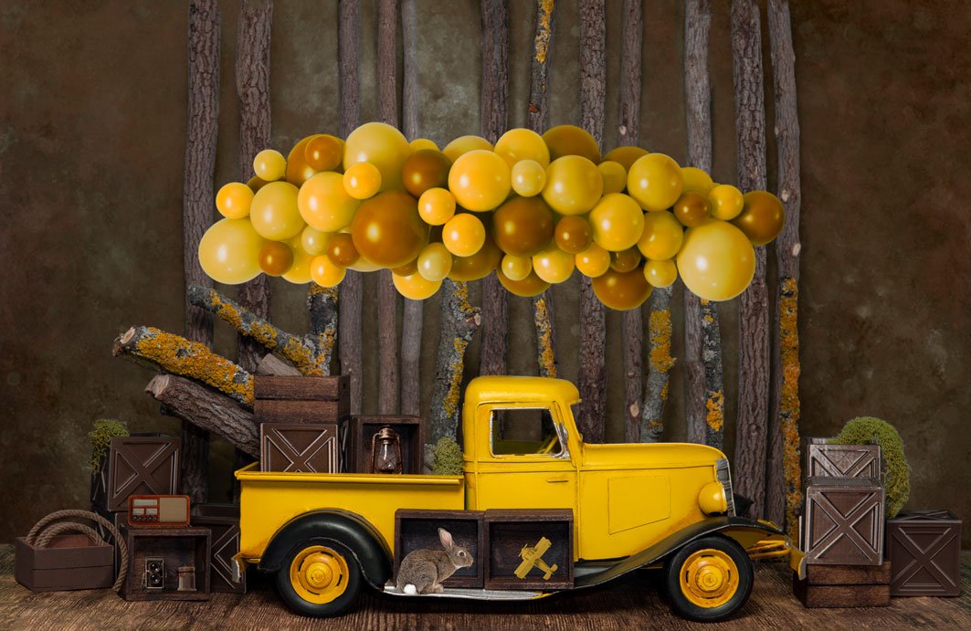 Kate Cake Smash Yellow Balloon Truck Backdrop Designed by Mini MakeBelieve