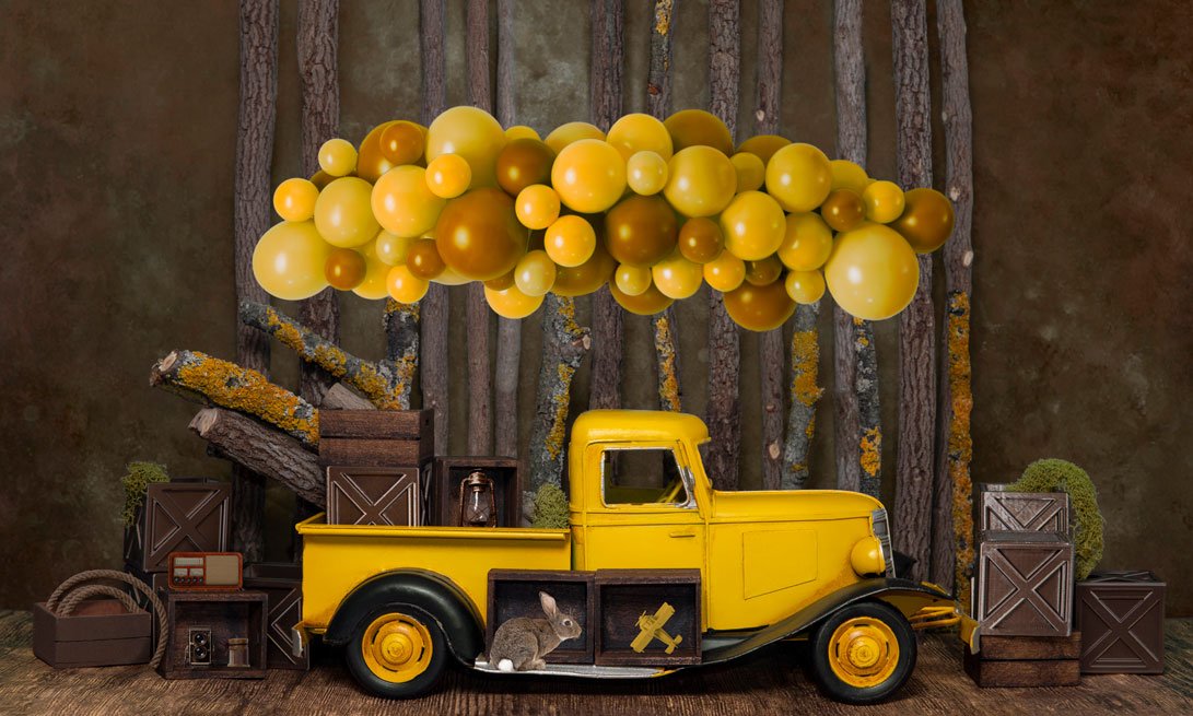Kate Cake Smash Yellow Balloon Truck Backdrop Designed by Mini MakeBelieve -UK