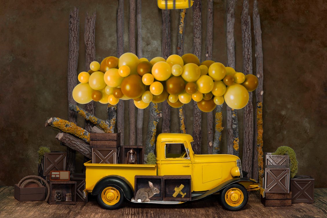 Kate Cake Smash Yellow Balloon Truck Backdrop Designed by Mini MakeBelieve -UK