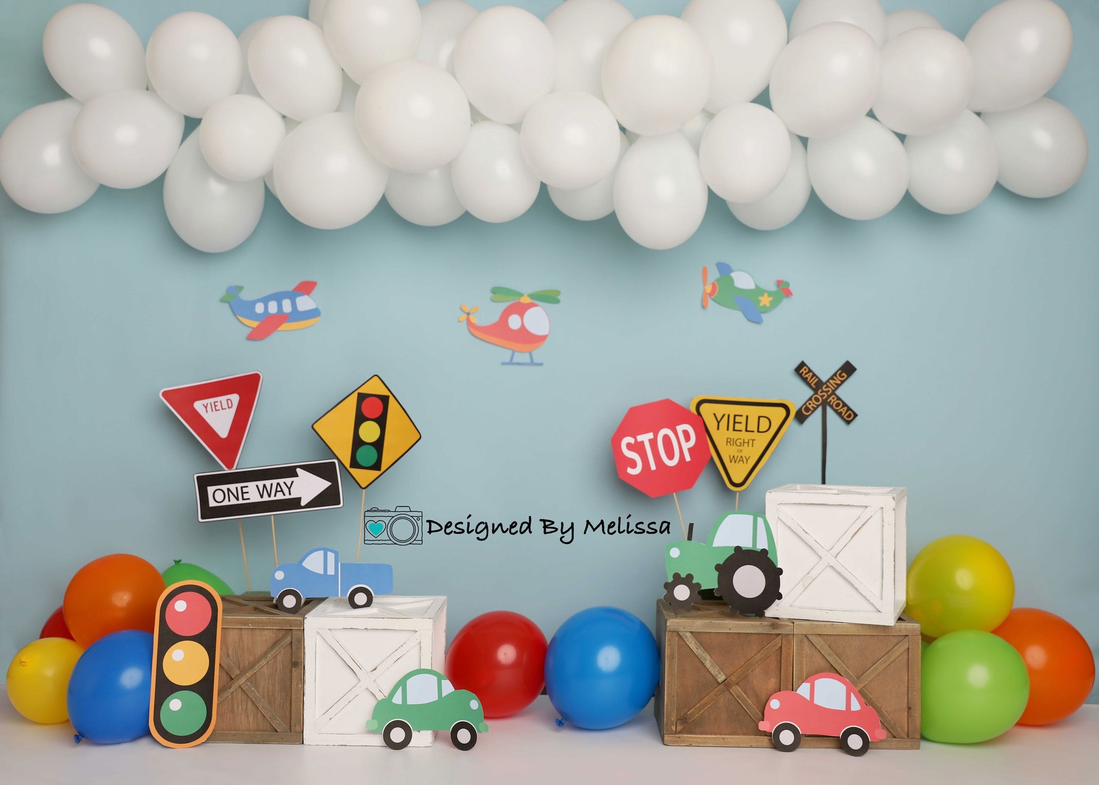 Kate Colorful Birthday Cars Trucks Airplanes Backdrop Designed by Melissa King