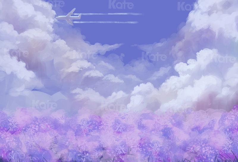 Kate Blue Sky with Plane Purple Flowers Backdrop for Photography