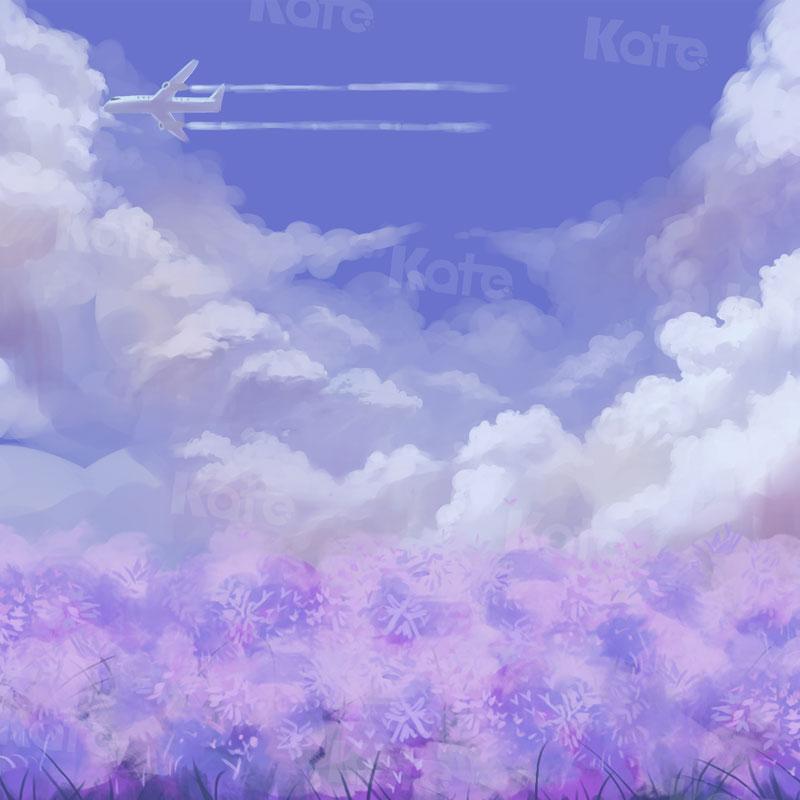 Kate Blue Sky with Plane Purple Flowers Backdrop for Photography