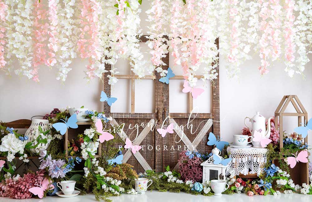 Kate Summer Tea Party Butterfly Barn Door Backdrop Designed by Megan Leigh Photography