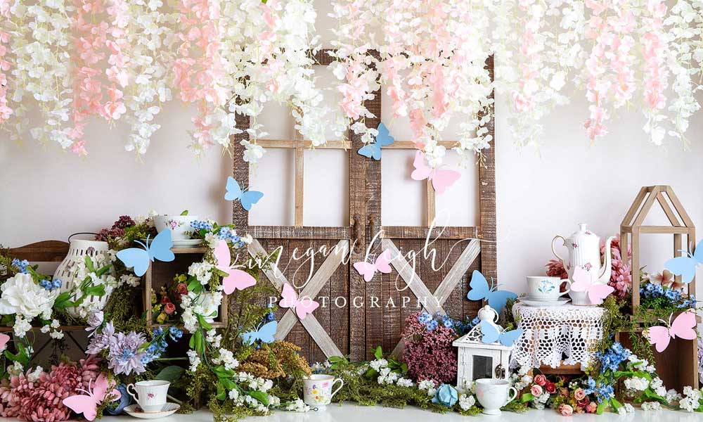 Kate Summer Tea Party Butterfly Barn Door Backdrop Designed by Megan Leigh Photography