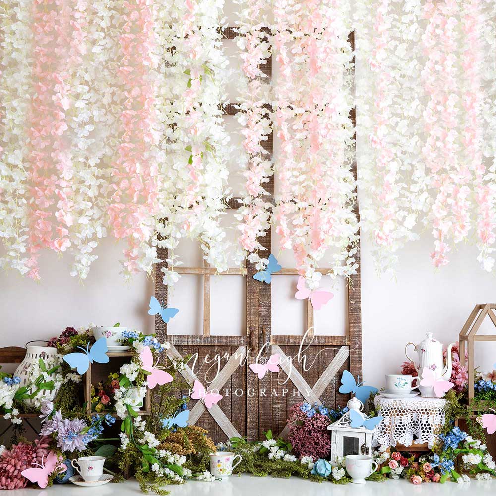 Kate Summer Tea Party Butterfly Barn Door Backdrop Designed by Megan Leigh Photography