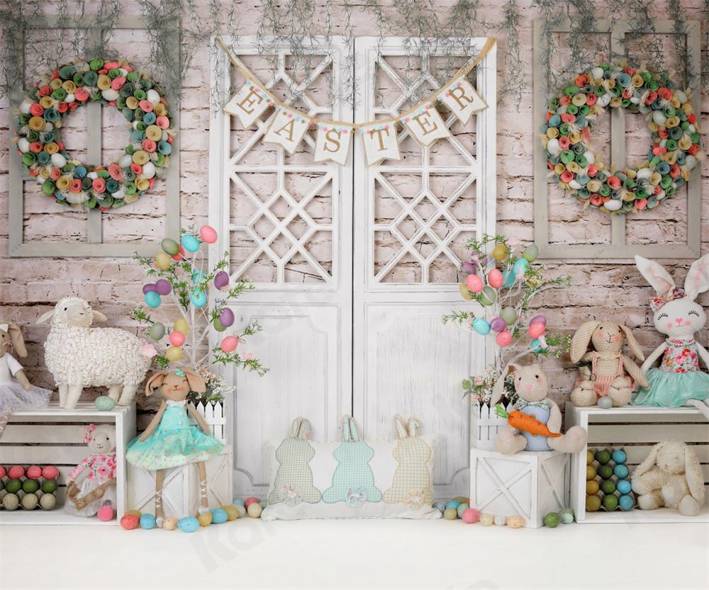 Kate Barn Door Colorful Egg Easter Backdrop for Photography