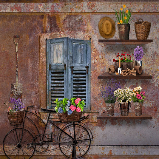 Kate Spring Vintage Rusty Wall with Bicycle and Window Backdrop Designed By Ava Lee