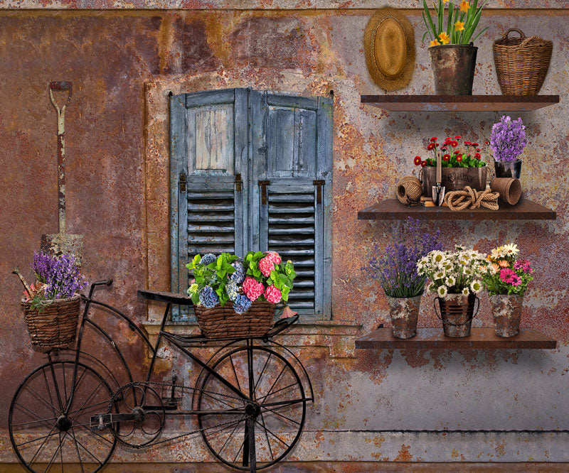 Kate Spring Vintage Rusty Wall with Bicycle and Window Backdrop Designed By Ava Lee