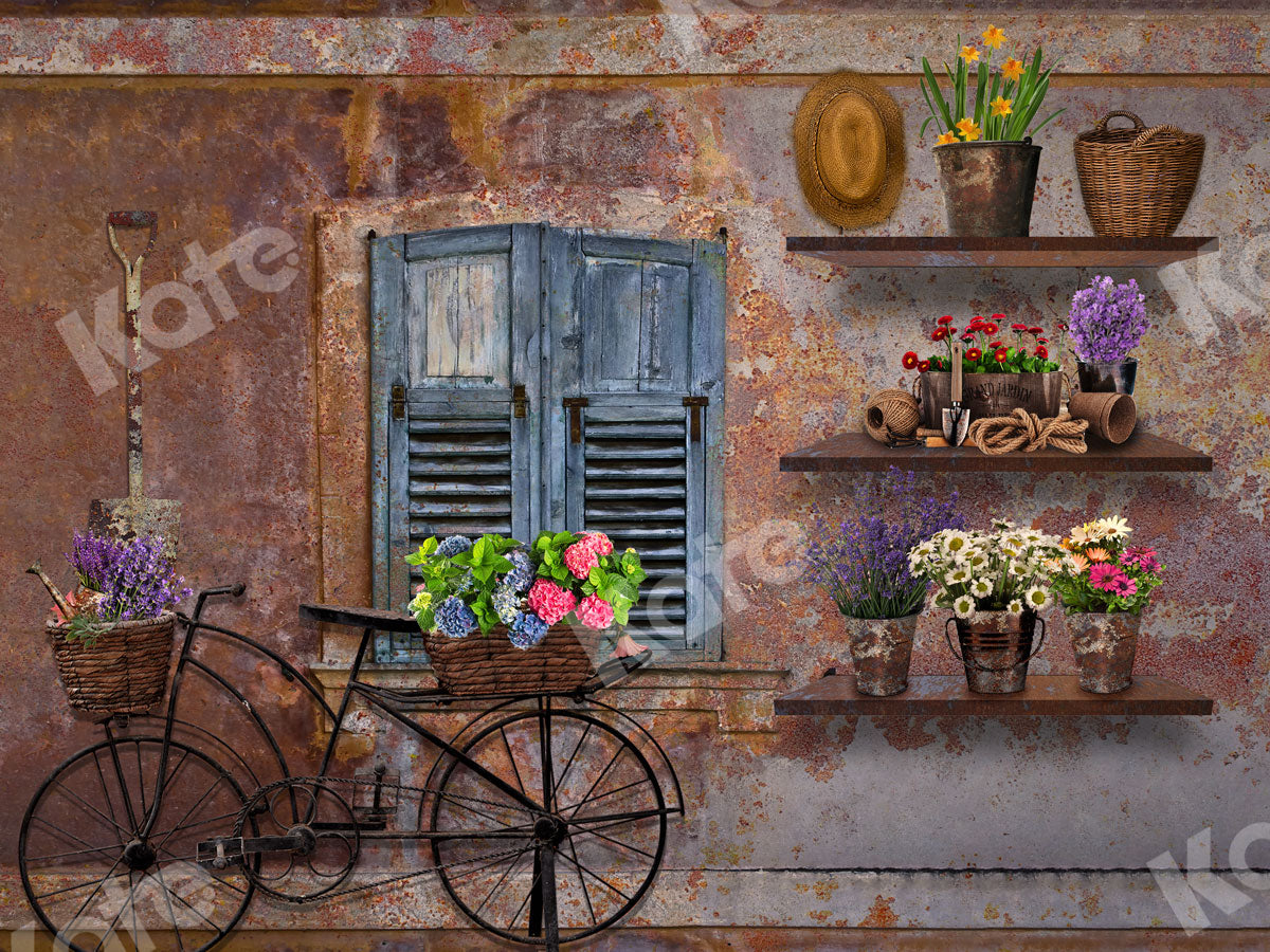 Spring Vintage Rusty Wall with Flower Bicycle