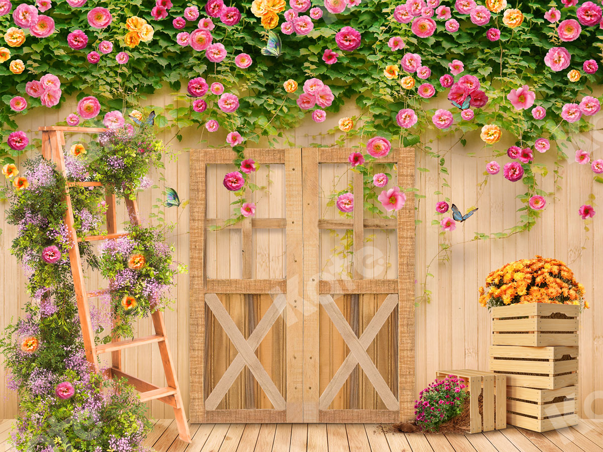 Spring Flower Garden Wood Door Backdrop