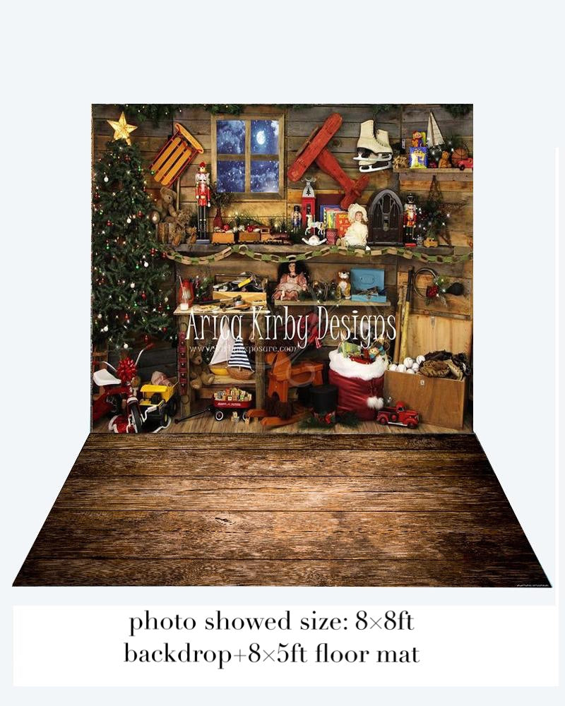 Kate Happy Christmas Santa's Workshop Photography +Brown wood floor mat