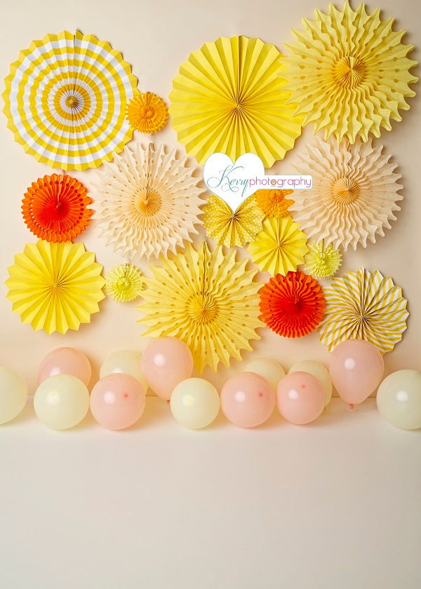 Kate Balloons and Yellow Origami Decorations Children Backdrop Designed by Kerry Anderson