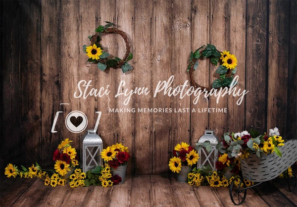 Kate Summer Dark Wood with Sunflowers Children Backdrop Designed by Staci Lynn Photography