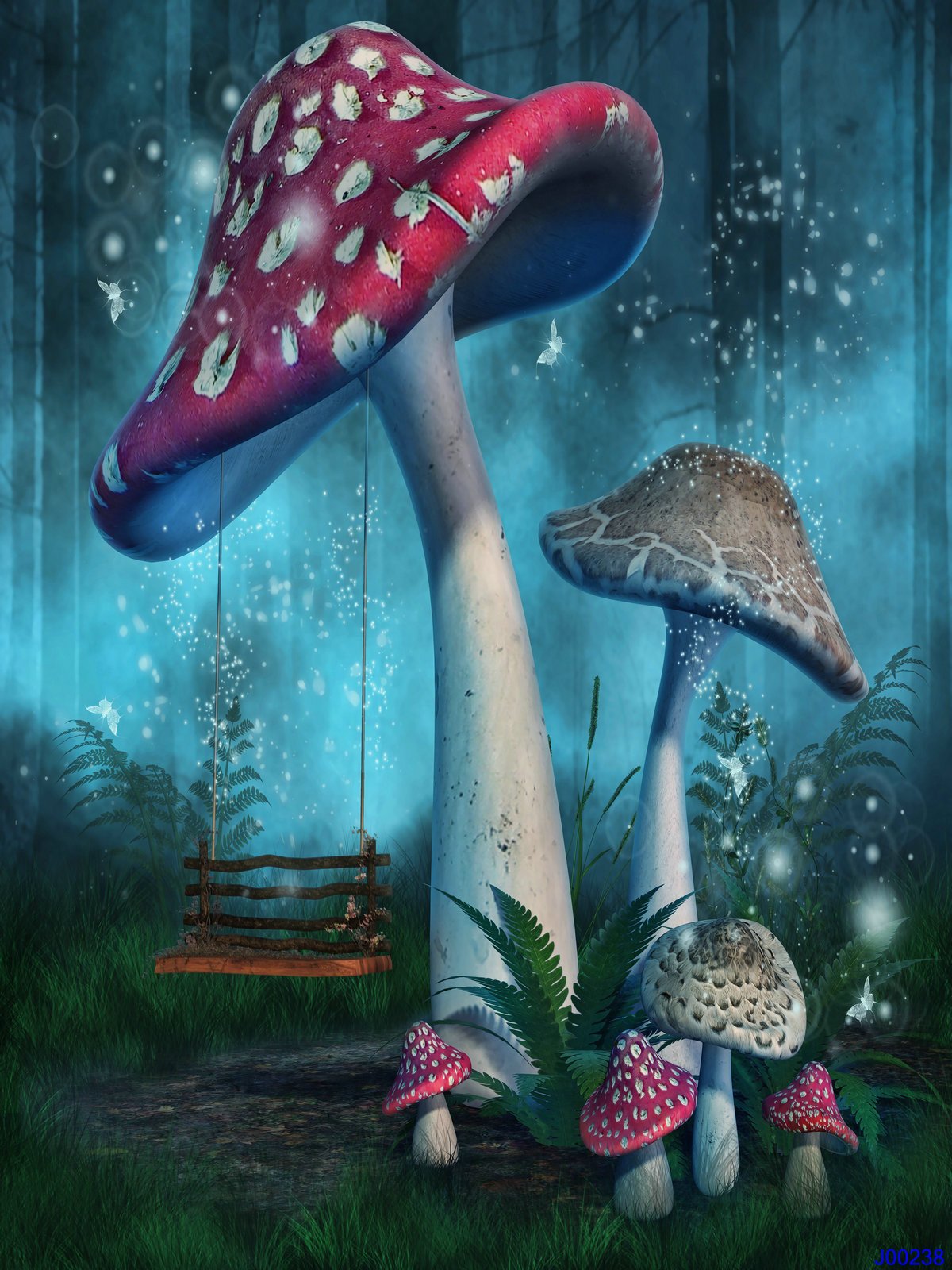 Katebackdrop£ºKate Blue Forest Dreamlike Fantasy Backdrop Red Mushroom