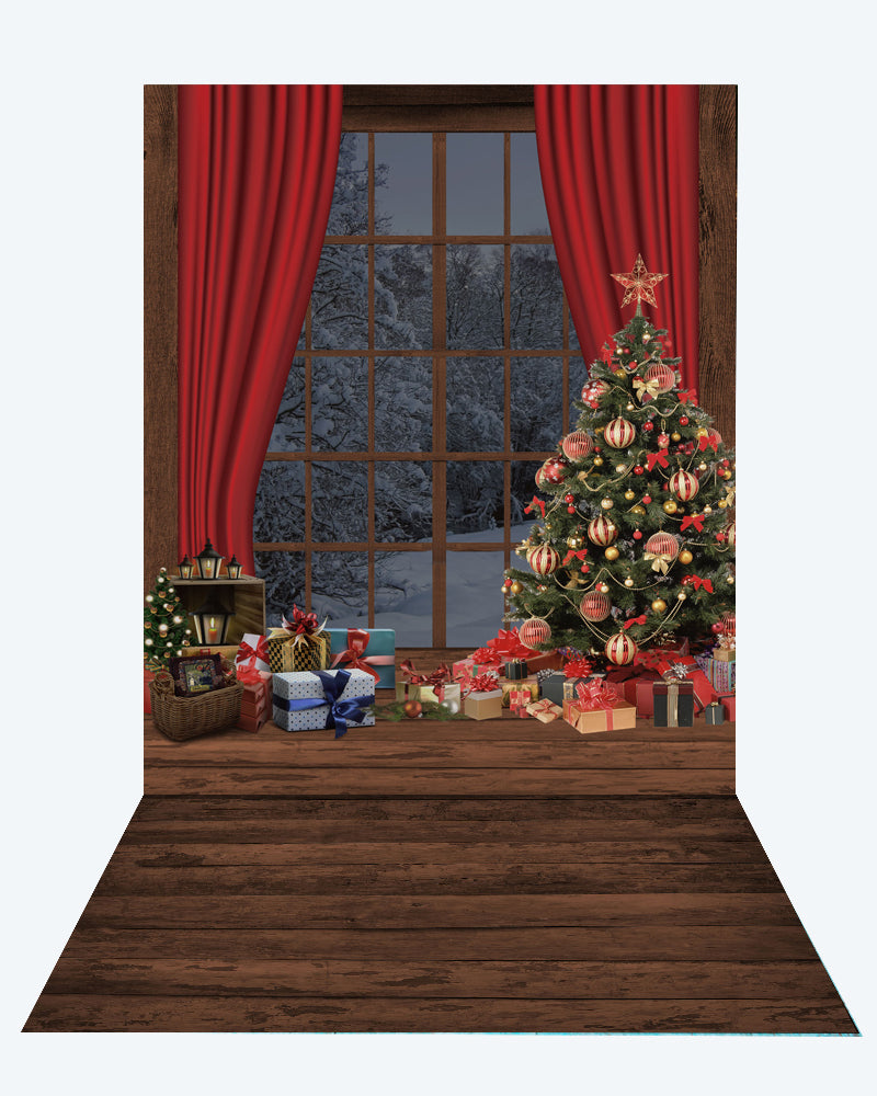 Kate Christmas Window Tree Photography +Brown wood floor mat
