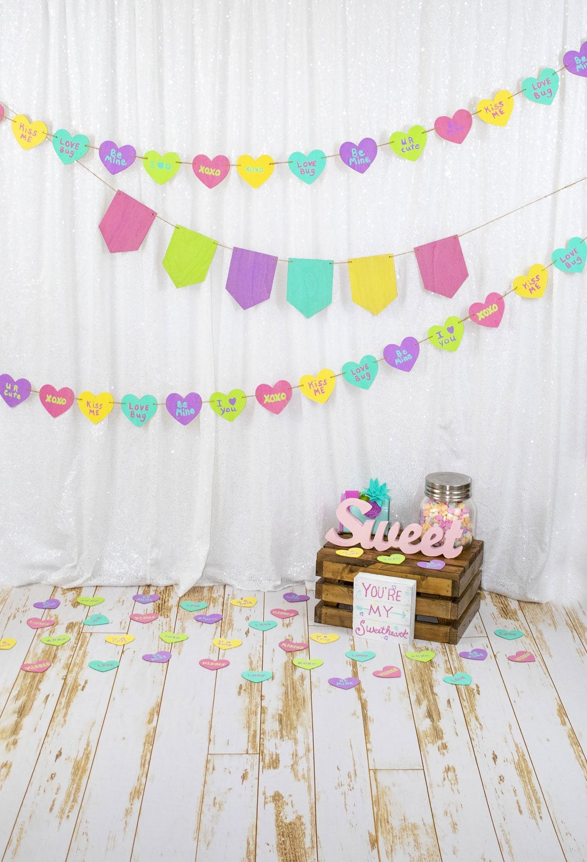 Kate White Curtain with Retro Decoration Colored Banners Valentine's Day Backdrop Designed by Leann West