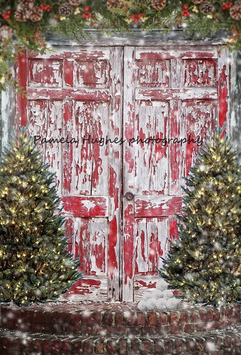 Kate Retro Red Wooden Door Christmas Backdrop Designed by Pamela Gross Hughes