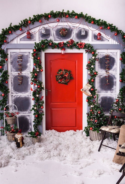 Christmas Red Door Glass Window with Decorations Backdrop