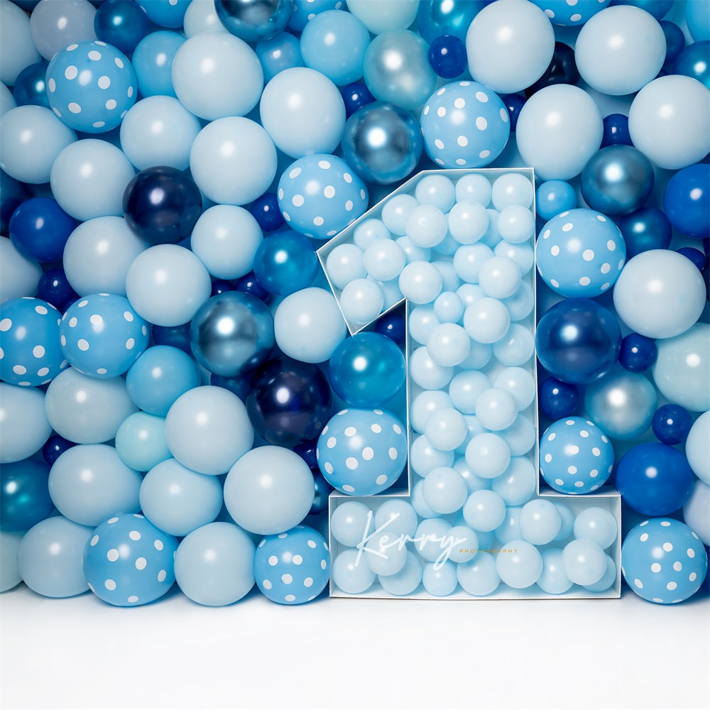 Kate Blue Balloon 1st Birthday Cake Smash Backdrop Designed by Kerry Anderson