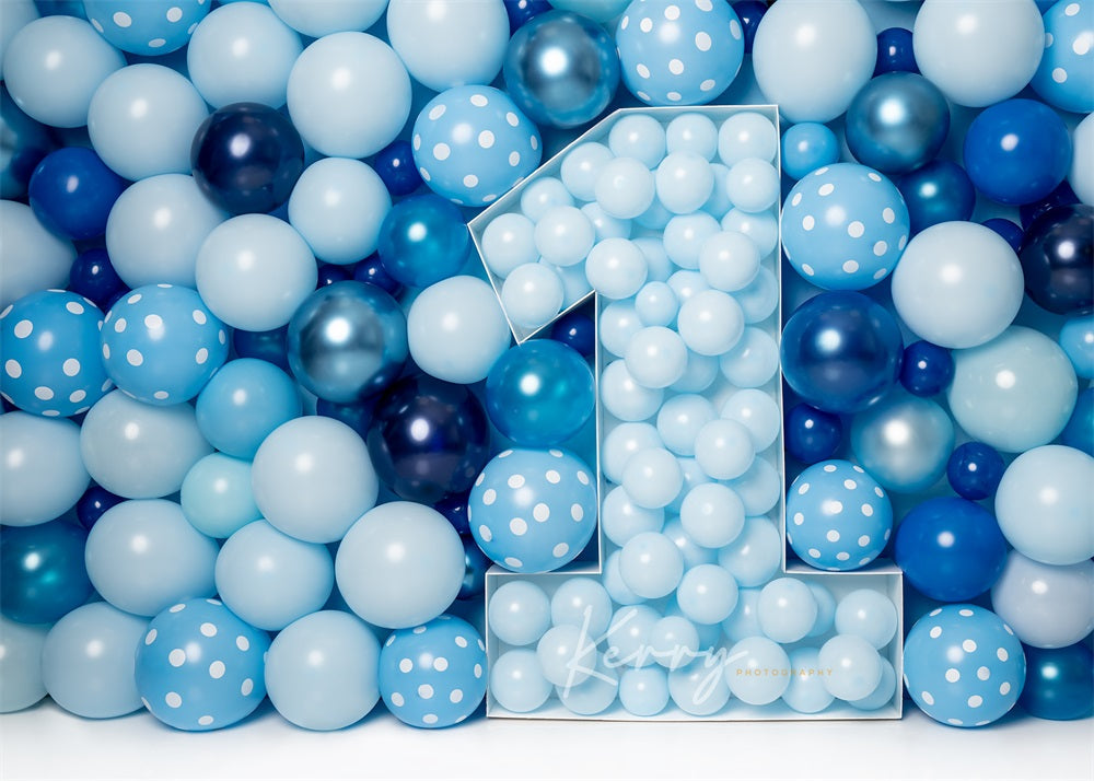 Kate Blue Balloon 1st Birthday Cake Smash Backdrop Designed by Kerry Anderson