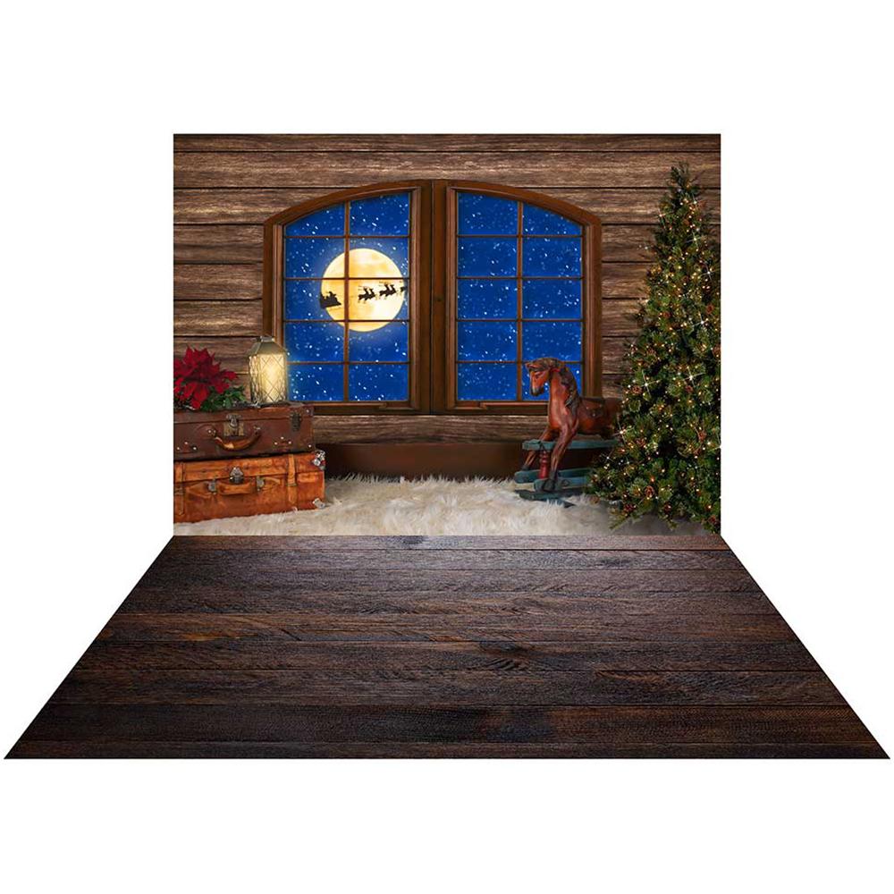Kate Xmas Tree Santa Backdrop +Dark Wood barn Rubber Floor Mat