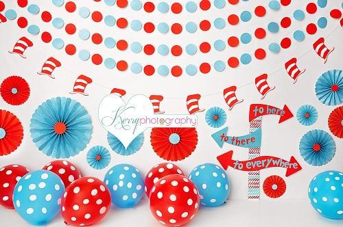 Kate Hat and Red and Blue Balloon Birthday Backdrop for Photography Designed by Kerry Anderson -UK