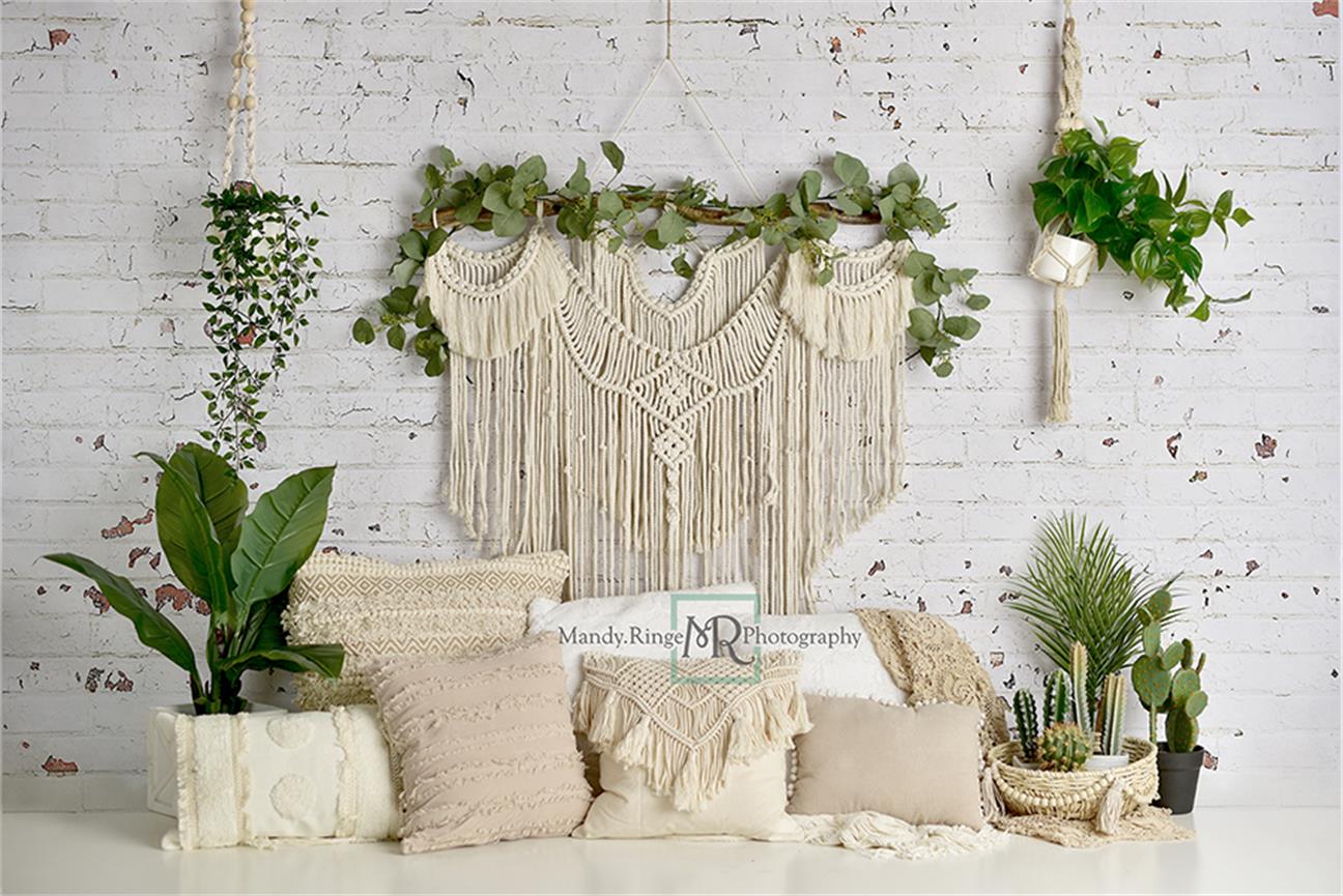 Boho Macrame Floor Pillows with Plants Backdrop