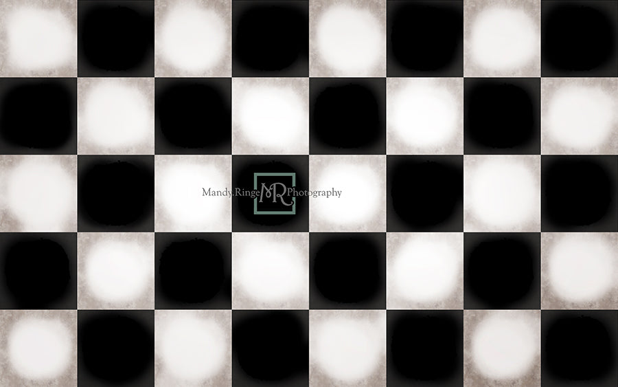 Black and White Mosaic Checker Floor Fabric Backdro