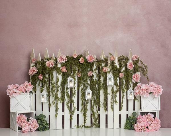 Kate Spring/Mother's Day Pink Floral IVY Fence Backdrop Designed by Lisa B -UK
