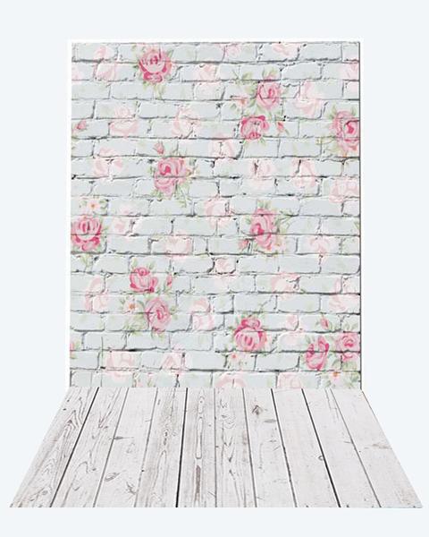 Kate Valentine Flower Brick Backdrop+White Wood Rubber floor mat