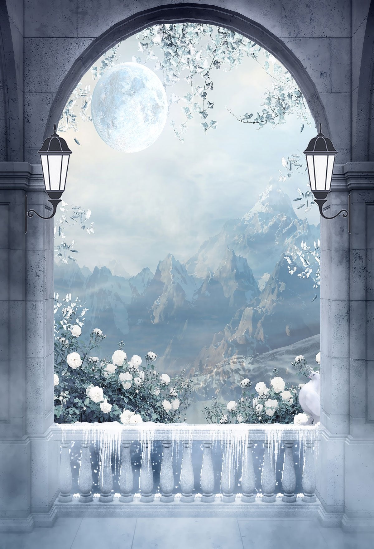 Kate Winter Mountain And Moon Arched Door with Snow Backdrop Designed by JFCC -UK