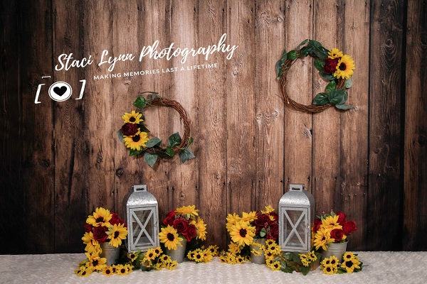 Kate Summer Wood Wall Sunflowers Backdrop Designed by Staci Lynn Photography