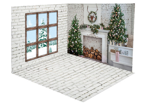 Kate Christmas Fireplace White Brick Wall and Floor Window room set